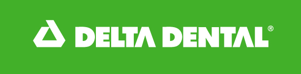 Registered trademark logo of the Delta Dental Plans Association, signifying the Delta Dental brand.  A white, stylized, triangular icon and white text DELTA DENTAL, in bold typeface, set against a bright, green background.